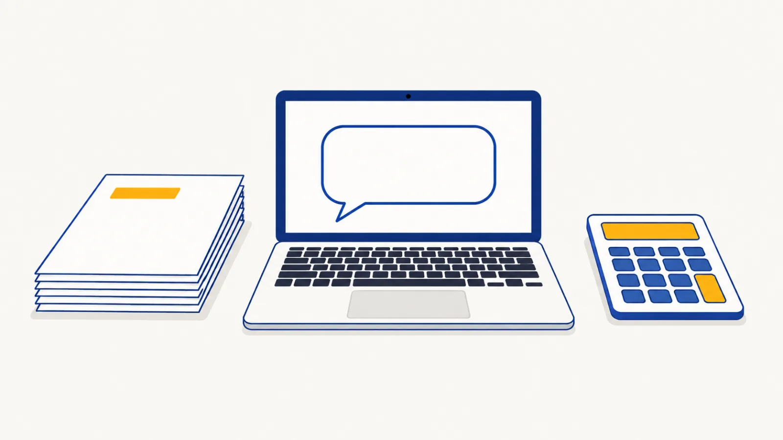 机の上のノート PC と書類の束、電卓を見下ろした挿絵。PC の画面には AI との対話を表す吹き出しが 1 つ。